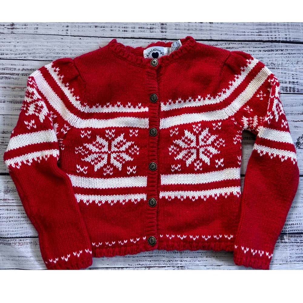 Hartstrings Cardigan Kids 6X Red Snowflake Knit Button Front Ramie Wool Blend